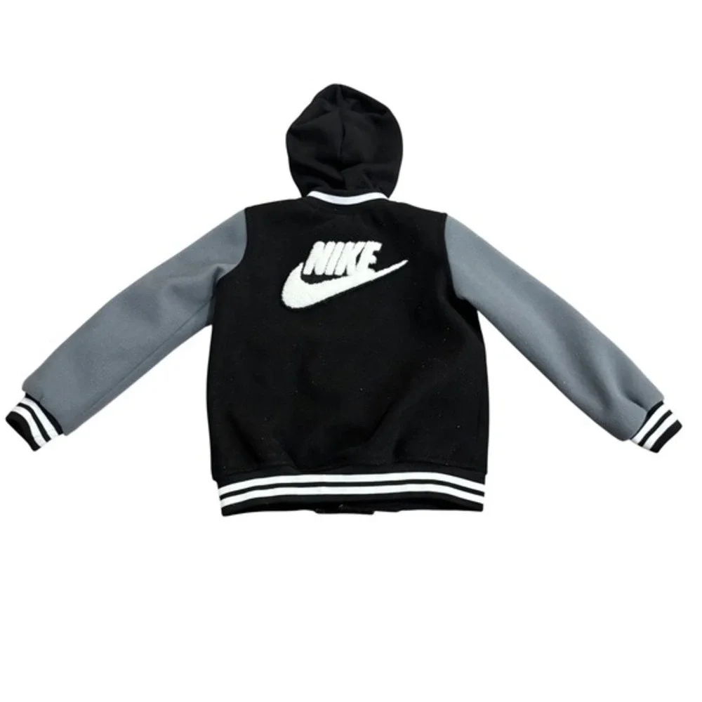 Nike Boys 4T Varsity Jacket Hoodie Black Gray Snap Front Swoosh‎